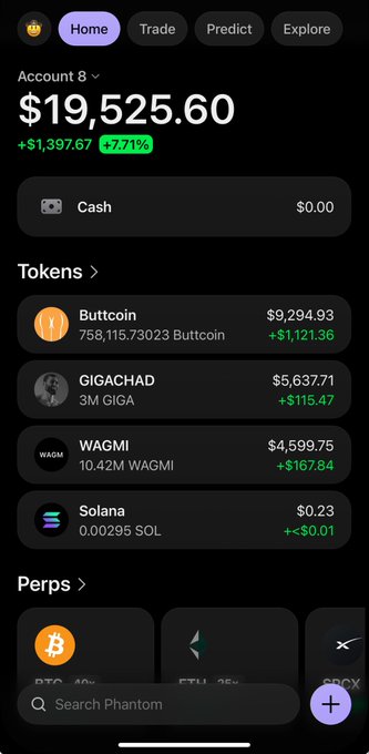 A screenshot of a cryptocurrency wallet app shows an account balance of $19,525.60 with a 7.71% gain, listing holdings in Buttcoin ($9,294.93), GIGACHAD ($5,637.71), WAGMI ($4,599.75), and Solana ($0.23).