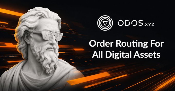The image features an illustration of a statue with sunglasses and a beard, accompanied by text that reads "Order Routing for All Digital Assets" and "DEX". The background of the image has orange lines and dots, creating a futuristic atmosphere. The main focus is on the text in the image, which seems to be related to the concept of order routing or digital asset trading.
