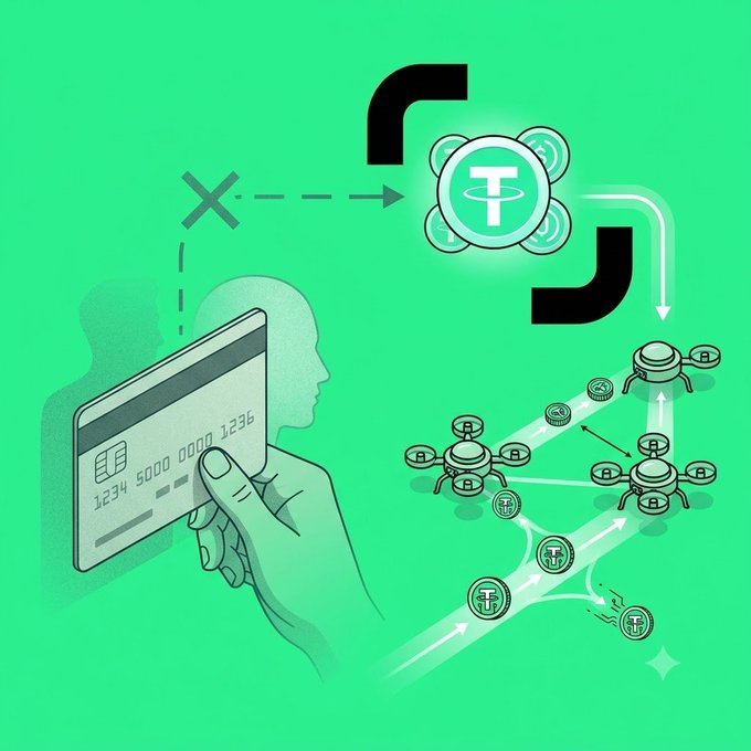 An infographic on a green background illustrating a credit card transaction connecting to a Tether (USDT) network with multiple cryptocurrency icons flowing through.