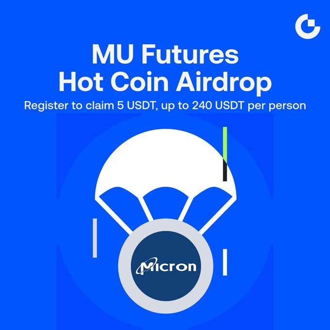 A blue promotional advertisement for 'MU Futures Hot Coin Airdrop' offering to claim 5 USDT up to 240 USDT per person, featuring a Micron-branded parachute graphic.