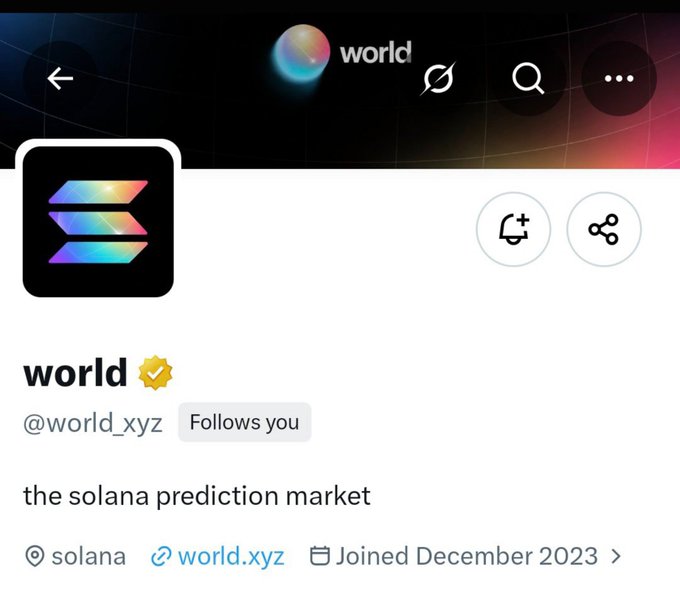 A social media profile page shows an account named 'world' with the handle '@world_xyz', verified with a gold checkmark, and the bio reading 'the solana prediction market,' joined December 2023.