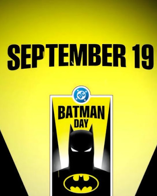 A promotional poster announces "SEPTEMBER 19" as Batman Day, featuring Batman's iconic silhouette and yellow bat symbol on a bright yellow background. The image ties into the post's darkly comedic exchange, where Batman mistakenly assumes the riddle's tragic punchline references his parents' death—an alleyway memory forever tied to his origin—instead of the actual (and rather obvious) bowling ball answer.