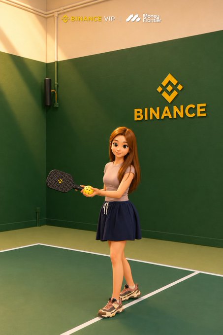 A woman holding a pickleball paddle stands on a green court, in front of a wall featuring the "BINANCE" logo and the "Binance VIP | Money Frontier" branding at the top. The image aligns with the post by promoting the Binance VIP event, where pickleball enthusiasm and the branded merch are highlighted.