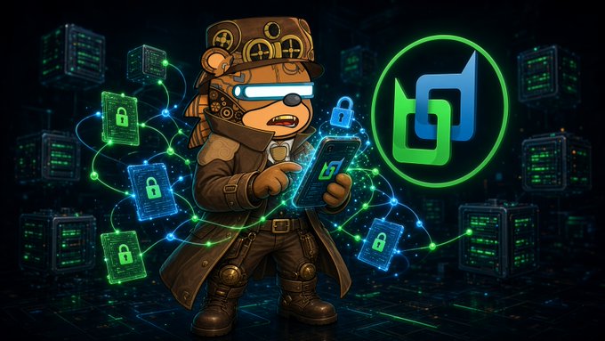 A cartoon detective bear in a trench coat and cap with VR-style goggles holds a phone, surrounded by server racks, padlock icons, and a green stylized logo resembling a 'd' symbol.