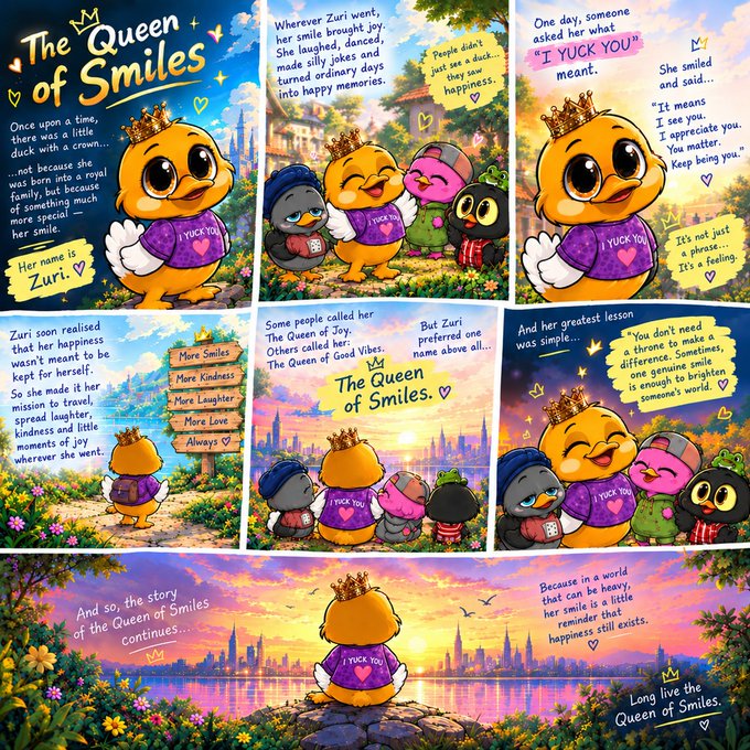 A comic strip titled 'The Queen of Smiles' featuring a yellow duck character named 'Zuri' who wears a 'I YUCK YOU' shirt, sharing a story about happiness and genuine smiles.