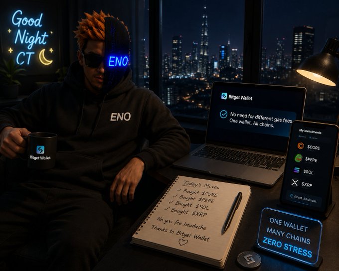 A promotional image for Bitget Wallet showing a person in an ENO hoodie with a glowing visor, holding a branded mug next to a notebook listing today's moves, with a laptop and phone displaying crypto investments including $CORE, $PEPE, $SOL, and $XRP.