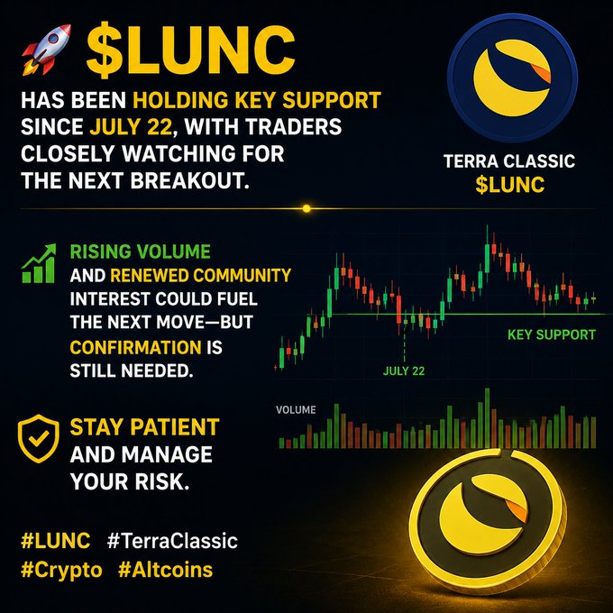 A financial infographic about $LUNC (Terra Classic) cryptocurrency, showing a candlestick chart with key support levels marked since July 22, alongside volume bars, and featuring rocket and shield icons with advice to stay patient and manage risk.