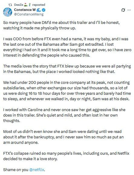 A screenshot of a reposted tweet by Constance W. (@ConstanceWaing) criticizing a Netflix trailer about FTX, claiming the media narrative of party culture is false and describing her experience as COO before FTX's collapse.