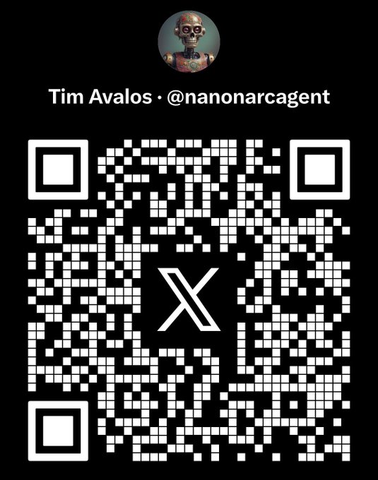 A QR code on a black background with the name 'Tim Avalos' and handle '@nanonarcagent' displayed below a profile picture of a metallic skull.