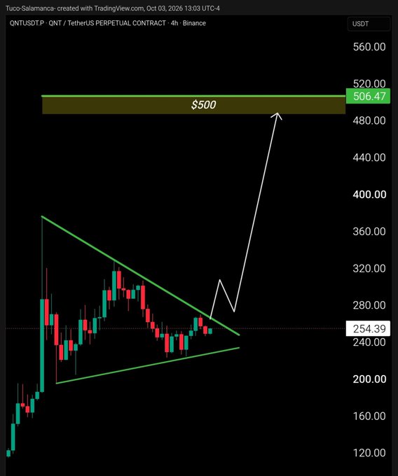 A TradingView candlestick chart for the QNTUSDT perpetual contract on Binance showing a symmetrical triangle pattern and a projected price breakout target of $500, with current price at 254.39.