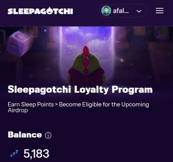 A 'SLEEPAGOTCHI' app or website screenshot showing a green dinosaur character and a 'Loyalty Program' offering sleep points for an airdrop, with a balance of 5,183 points.