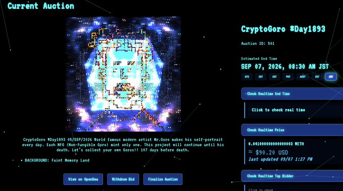 Screenshot of a 'CryptoGoro #Day1893' NFT auction page showing a glowing blue pixel-art face, auction ID 541, ending September 7, 2026, at a price of approximately $90.20 USD.