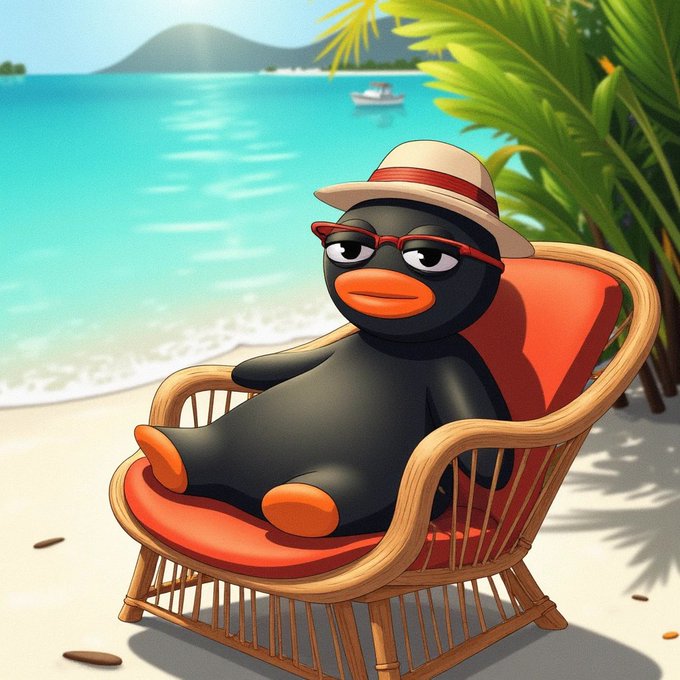 A cartoon black duck wearing a sun hat and sunglasses lounges in a wicker beach chair on a tropical shore. The image captures a relaxed, vacation vibe that complements the post's announcement about token distribution and airdrops.