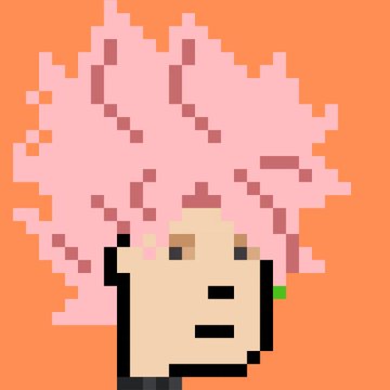 A pixel art portrait of a character with wild pink hair, pale skin, a pink cheek mark, and a neutral expression against an orange background.