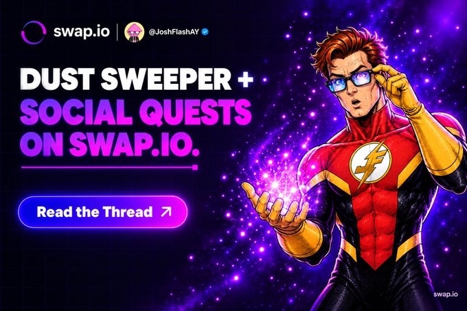 A promotional graphic from swap.io features a comic-style superhero with glasses holding a glowing purple cosmic energy ball, advertising "DUST SWEEPER + SOCIAL QUESTS ON SWAP.IO" with a "Read the Thread" button. The image relates to the post by @JoshFlashAY, highlighting swap.io's latest features—Dust Sweeper and Social Quests—which caught him off guard despite his 8 months of experience with the platform's previous contests and referral programs.