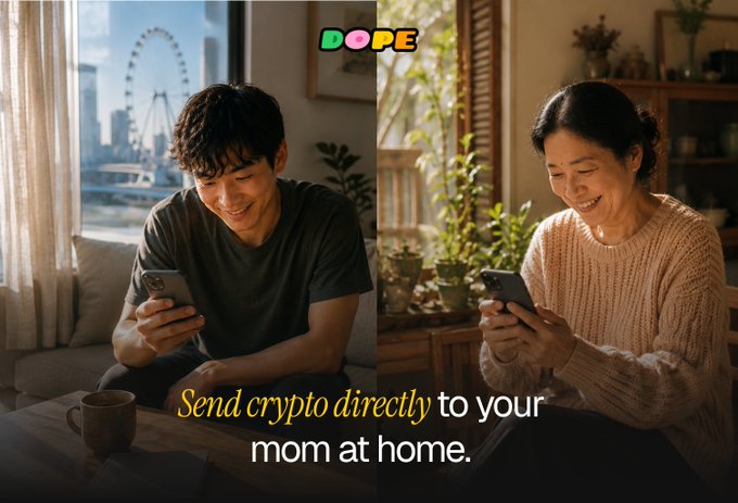 A young man in a city apartment and an older woman in a cozy home both smile at their phones, separated by distance but connected through the "Dope" app—illustrating the post's message of sending crypto directly to family, such as a mom, via her bank QR code.