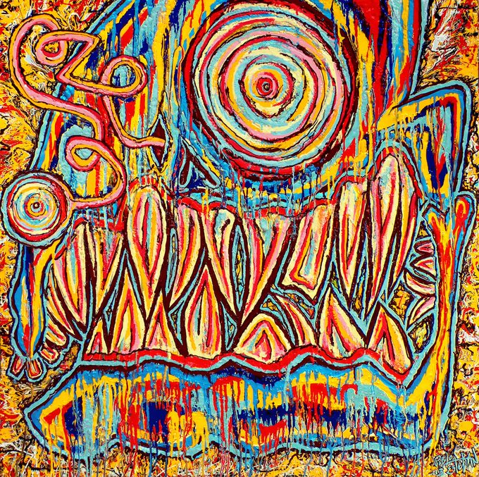 Vibrant abstract expressionist painting with intense red, yellow, and blue colors featuring concentric circles and flowing patterns.