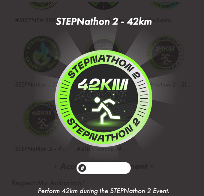 A STEPN fitness challenge badge titled 'STEPNathon 2 - 42km' with instructions to 'Perform 42km during the STEPNathon 2 Event.'