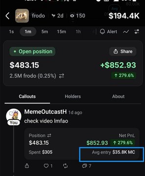 A mobile trading interface shows a token called 'frodo' at $483.15, with an open position showing +$852.93 (+279.6%) profit, a $194.4K market cap, and an avg entry of $35.8K MC.