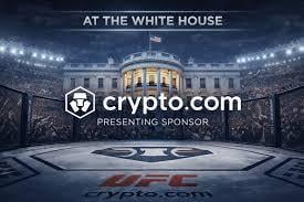 The image features a UFC fighting ring with a crowd of people watching the fight, which is sponsored by Crypto.com. The text "At the white house" suggests that this event might be related to or taking place at the White House.