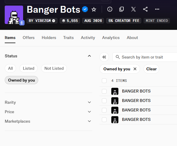 Screenshot of an NFT collection page for 'Banger Bots' by vibezqn with 5,555 supply and 5% creator fee, showing the user's owned items (4 BANGER BOTS) filtered under 'Owned by you'.