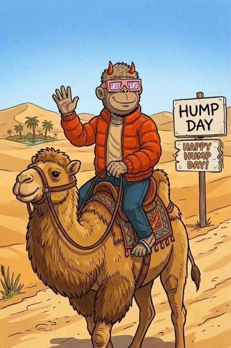 A cartoon illustration of a monkey wearing sunglasses and an orange jacket riding a camel in a desert, waving at a 'HUMP DAY - HAPPY HUMP DAY!' sign.