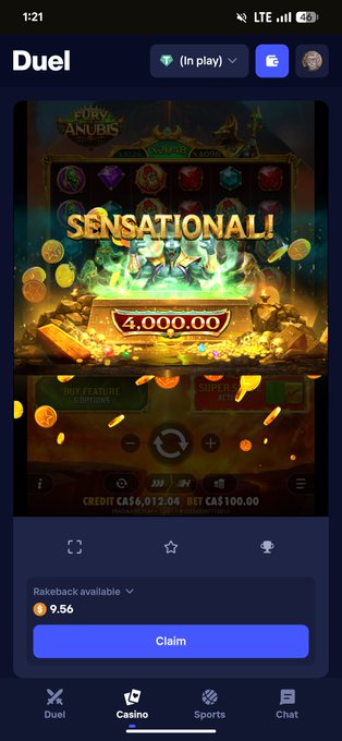A mobile screenshot of the "Duel" gaming app showing a "SENSATIONAL!" slot win of 4,000.00 credits on a gold-themed game, with a Rakeback of 9.56 available to claim.