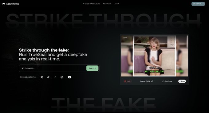 Screenshot of the Umanitek website featuring 'Strike through the fake' / TrueSeal deepfake analysis tool, with a video example labeled 'KICK THE BUTTON BELOW'.