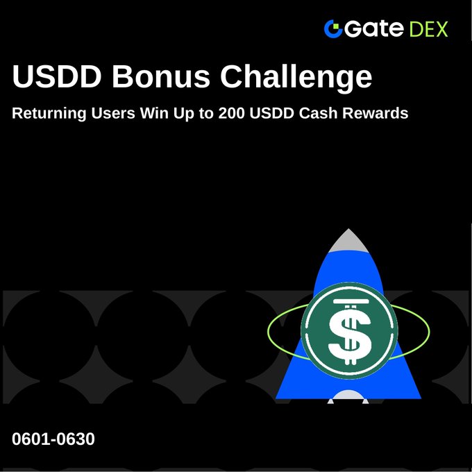 The image features a poster or flyer for a USDD Bonus Challenge, which is an online gambling challenge that takes place on the website Gate DEX. The main focus of the challenge is to return users who win up to 200 USDCash rewards by participating in the challenge and sharing their experiences with others. The poster includes a blue rocket ship symbolizing the USDD Bonus Challenge, along with text promoting the challenge and its benefits for returning users.