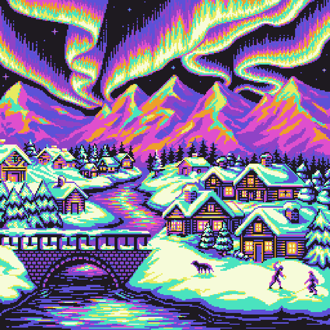 A vibrant pixel art scene depicts a snowy mountain village with log cabins and figures, under a sky illuminated by swirling, multicolored northern lights. The artwork matches the post's promotion of Day #1113, titled "Under the Northern Lights," illustrating the aurora borealis display featured in this minting piece.