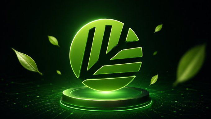 A glowing green 3D logo emblem with an abstract 'M' or similar design on a circular pedestal, surrounded by floating green leaves against a dark background with digital grid patterns.