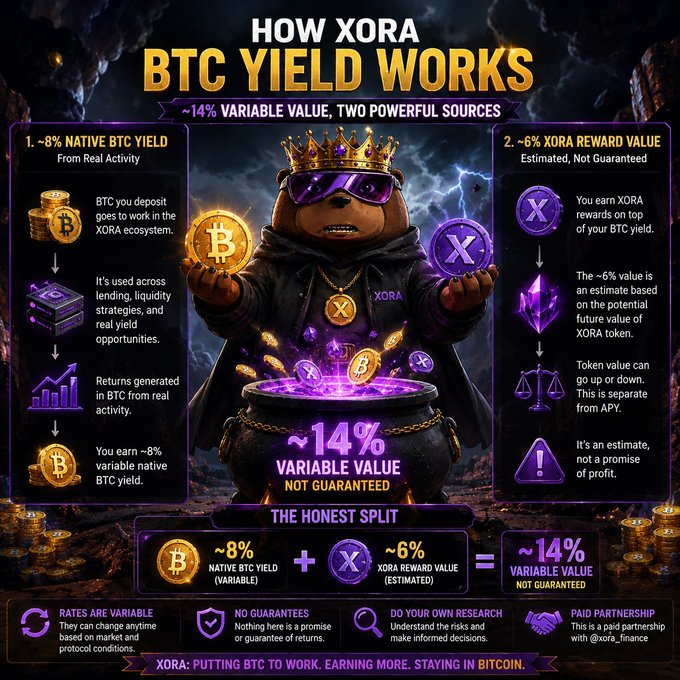An infographic titled "HOW XORA BTC YIELD WORKS" explains how the Xora finance protocol generates an estimated ~14% variable value for Bitcoin holders by splitting returns into an ~8% native BTC yield from real ecosystem activity (lending, liquidity strategies, trading) plus an estimated ~6% Xora token reward value—emphasizing in bold disclaimers that rates are variable, returns are not guaranteed, and the partnership is paid sponsorship, directly visualizing the post's caution about the headline 14% figure.
