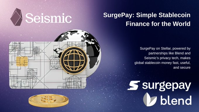 The image is a promotional graphic for SurgePay, featuring a card and globe illustration with gold coins, displaying the "Seismic" logo at the top alongside the headline "SurgePay: Simple Stablecoin Finance for the World." The graphic highlights SurgePay's partnership with Blend and Seismic's privacy tech, with their respective logos shown on the right, emphasizing their goal of making global stablecoin money fast, useful, and secure.