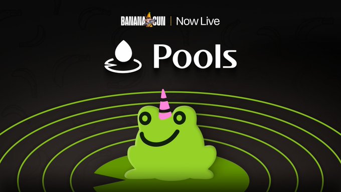 A promotional graphic for Banana Gun's newly launched "Pools" feature, featuring the platform's signature green frog mascot with a pink horn on a lily pad, alongside the text "BANANA GUN | Now Live" and "Pools," announcing the integration of TradePools onto Robinhood Chain for faster memecoin trading execution.