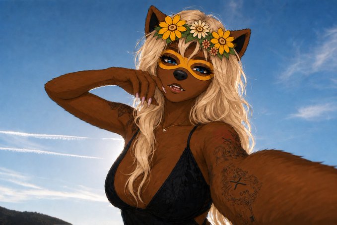 An illustration of a woman with tanned skin and blonde hair wearing cat ears, a yellow masquerade mask, a flower crown, and a black top, with visible tattoos on her arm.