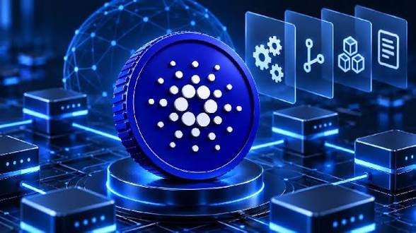 A blue-toned digital illustration depicting a large Cardano (ADA) cryptocurrency coin surrounded by server racks and floating holographic icons representing settings, network sharing, cubes, and documents.