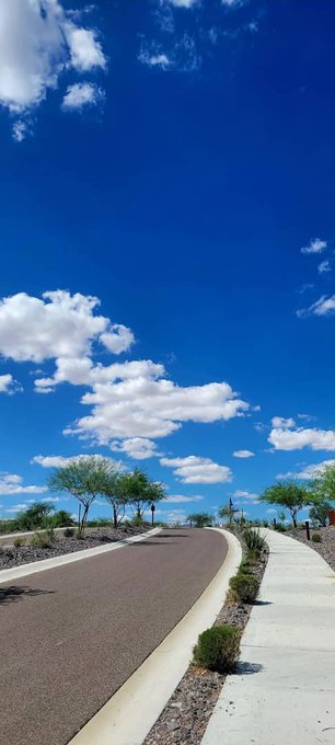 A scenic outdoor photograph showing a paved pathway curving through a desert landscape under a bright blue sky dotted with fluffy white clouds, with sparse trees and shrubs lining the walkway.