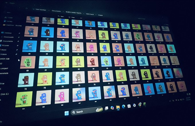 Computer screen displaying a Windows file explorer folder full of Roblox character 'Dummies' thumbnail images in various colorful blocky avatar designs.