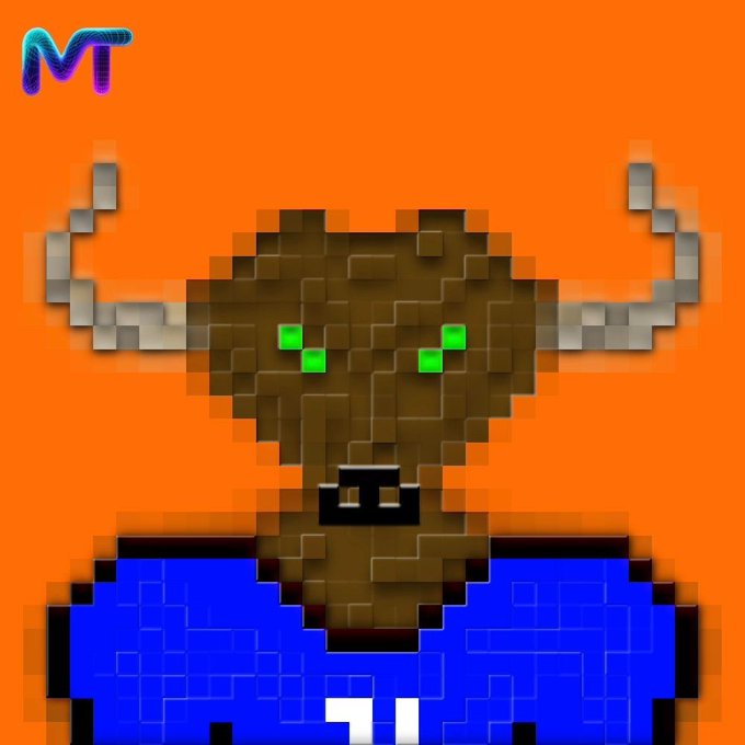 Pixel art of a brown bull-like character with horns and green pixel eyes, wearing a blue jersey, against an orange background with an 'MT' mark in the corner.