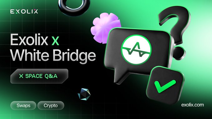 Promotional graphic for 'Exolix x White Bridge' X Space Q&A event with green 3D messaging icons, tags 'Swaps' and 'Crypto,' and the exolix.com logo.