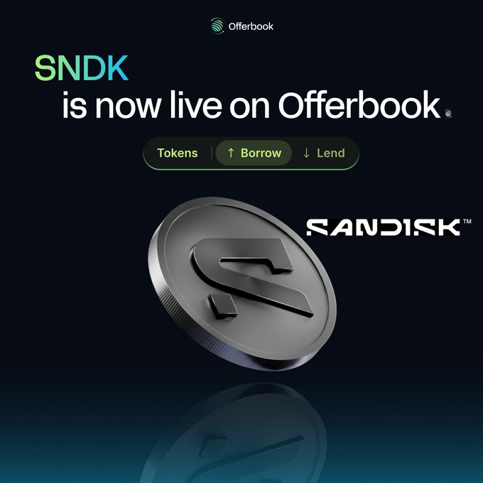 The image features a coin with the word "SNDK" written on it. The coin has a black background, making it stand out prominently. Below the coin, there's text that reads "NEW TOKENIZED STOCK: SNDK is live on Offerbook! Borrow against it → If you'r holding SNDK and don' t want to sell. Put it up as collateral, pull liquidity out, and keep your exposure." The image also includes a link to the website "Offerbook" that provides more information about the coin's features and how it can be used for lending purposes.