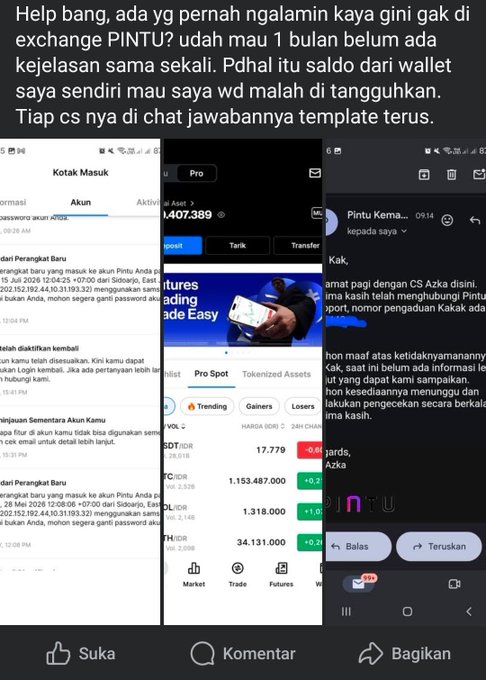 The image shows a Facebook post featuring three screenshots of complaints about Pintu crypto exchange (PINTU), with one screenshot showing an account balance of 4,407,389 IDR and others displaying customer service chat responses about withdrawal delays. The user's caption expresses frustration about an unresolved issue where their withdrawal of approximately 10 million rupiah has been delayed for nearly a month, with customer service only providing template responses.