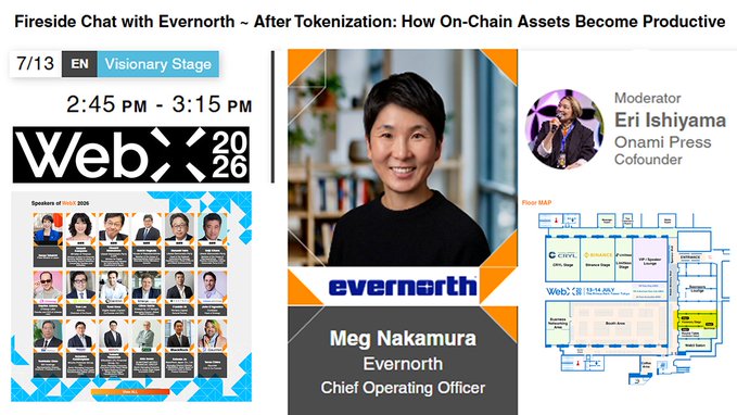 Promotional graphic for a WebX 2026 fireside chat titled "After Tokenization: How On-Chain Assets Become Productive" on 7/13 from 2:45-3:15 PM, featuring moderator Eri Ishiyama (Onami Press Cofounder) and Meg Nakamura (Chief Operating Officer at Evernorth), held on the Visionary Stage.