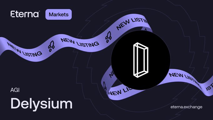 The image features a purple ribbon with a white circle on it that says "New Listing" at the top, and the word "Delysium" below it. The ribbon is wrapped around a black background, creating an eye-catching visual element for the post. The text in the image reads "Eterna Exchange @The_Delysium is now live on @Eterna_Hybrid .", which indicates that the post has been recently published and is related to Eterna Exchange.