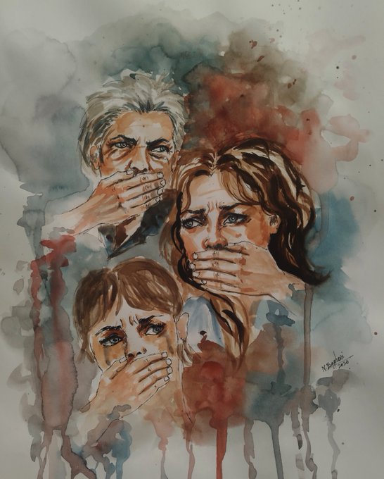 A watercolor and ink painting signed 'Raphael 2023' depicting an older man, a woman, and a child, all with hands covering their mouths, set against dripping, darkly colored backgrounds.