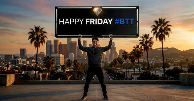 A man holding up a large sign reading 'HAPPY FRIDAY #BTT' against a sunset cityscape with palm trees, likely a BitTorrent (BTT) crypto promotion.