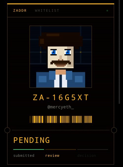 A digital whitelist card showing a pixel art character with the code 'ZA-16G5XT' and handle '@mercyeth_' with a 'PENDING' status at the bottom.