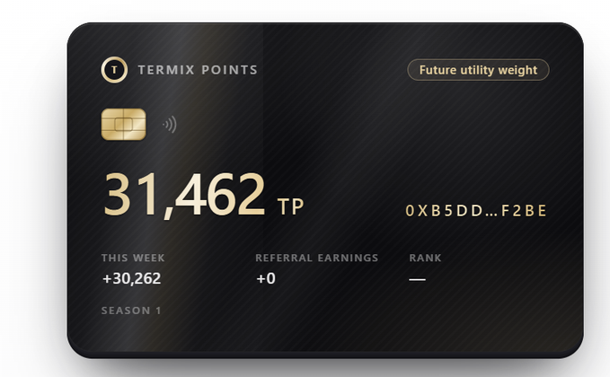 A black credit card-style display titled 'TERMIX POINTS' shows a balance of '31,462 TP' alongside a partially obscured address '0XB5DD...F2BE' and stats for 'THIS WEEK', 'REFERRAL EARNINGS', and 'RANK'.
