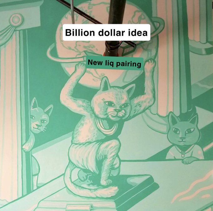 A stylized green-tinted illustration of anthropomorphic cats hangs from a globe, with chat bubbles reading "Billion dollar idea" and "New liq pairing." The image playfully visualizes the post's suggestion to create a new liquidity pairing for the $CATS memecoin.