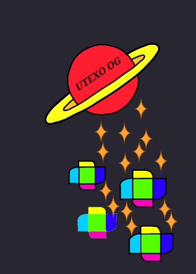 utexo og is depicted as a red planet with yellow and orange accents, surrounded by a starry night sky filled with colorful stars and planets.